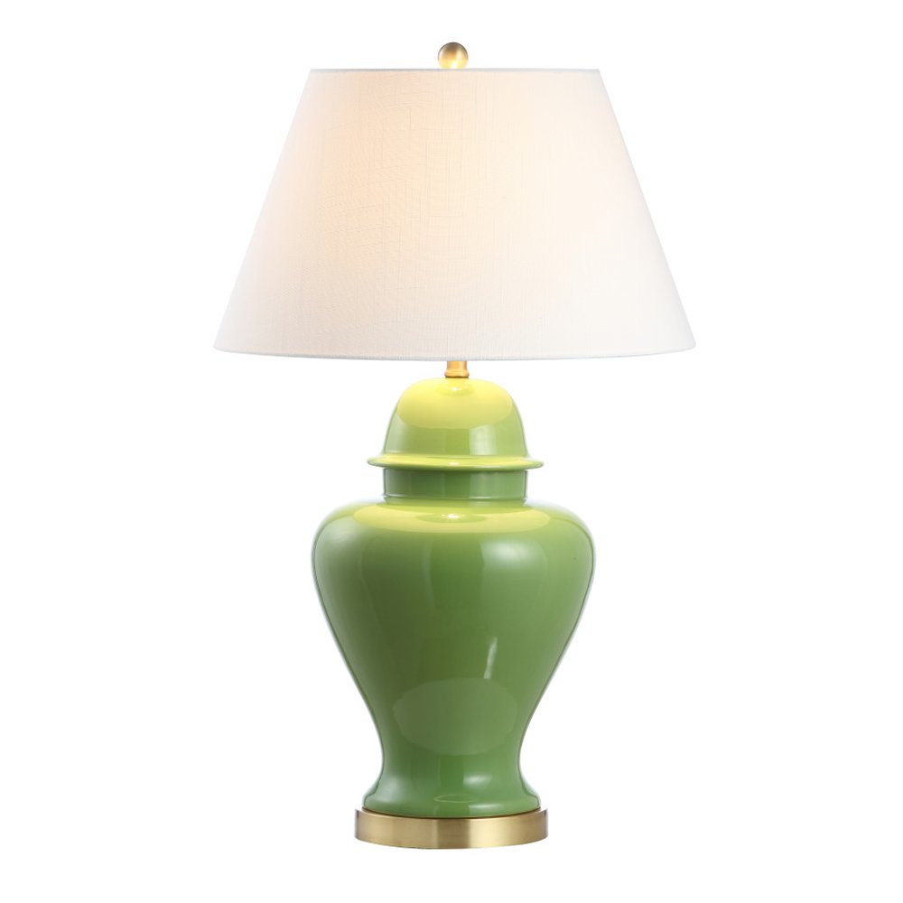 33" Green And Gold Urn Table Lamp With Empire Shade. Table lamp isolated on a plain white background, showing its green color.