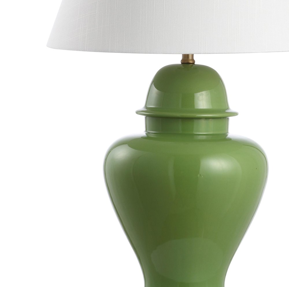 33" Green And Gold Urn Table Lamp With Empire Shade. Table lamp isolated on a plain white background, in a green finish.