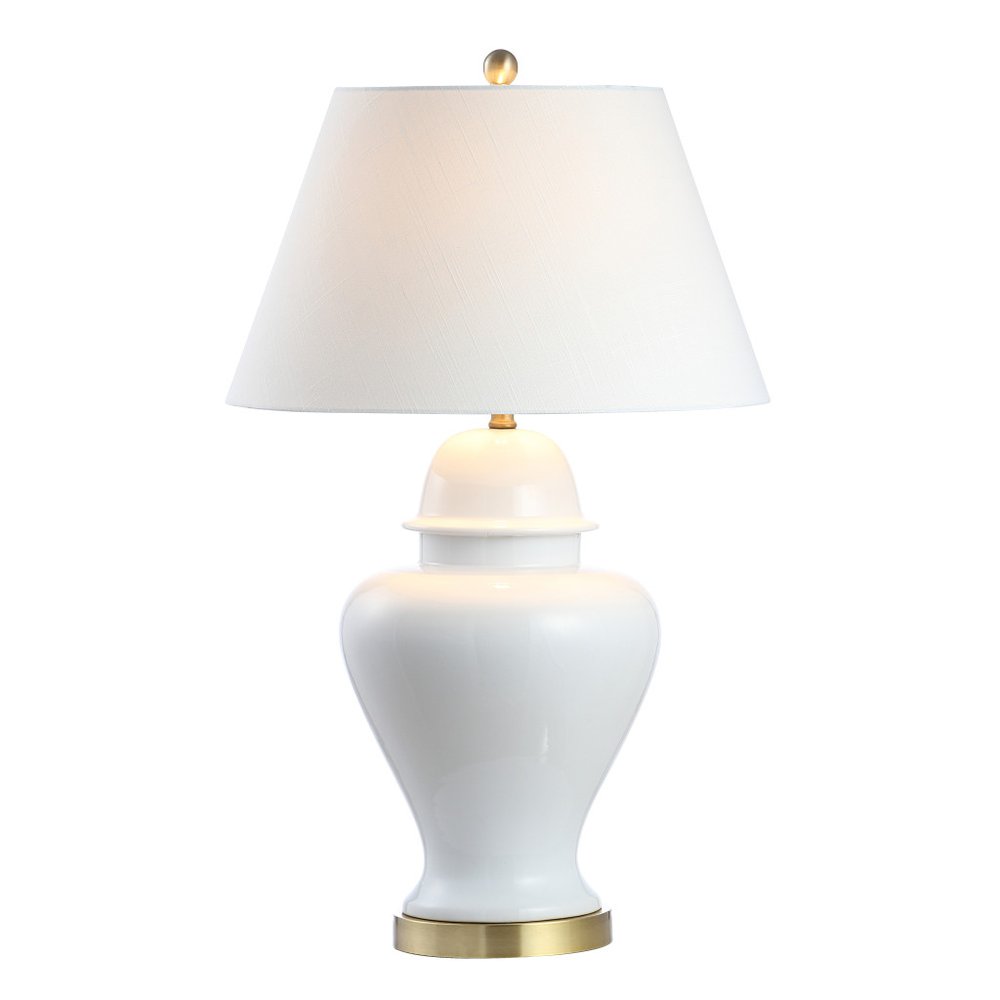 33" White And Gold Urn Table Lamp With Empire Shade. Table lamp isolated on a plain white background, in a white finish.