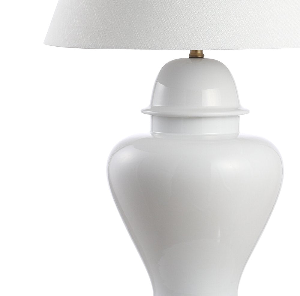 33" White And Gold Urn Table Lamp With Empire Shade. Table lamp isolated on a plain white background, showing its white color.