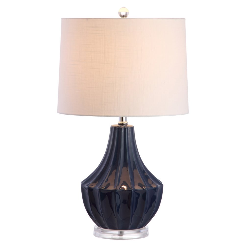 25" Navy Blue And Clear Novelty Table Lamp With Drum Shade. Table lamp isolated on a plain white background, showing its navy color.