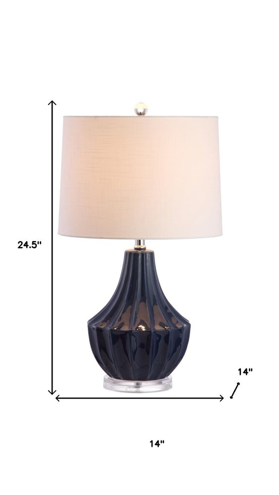25" Navy Blue And Clear Novelty Table Lamp With Drum Shade. Table lamp isolated on a plain white background, finished in navy.