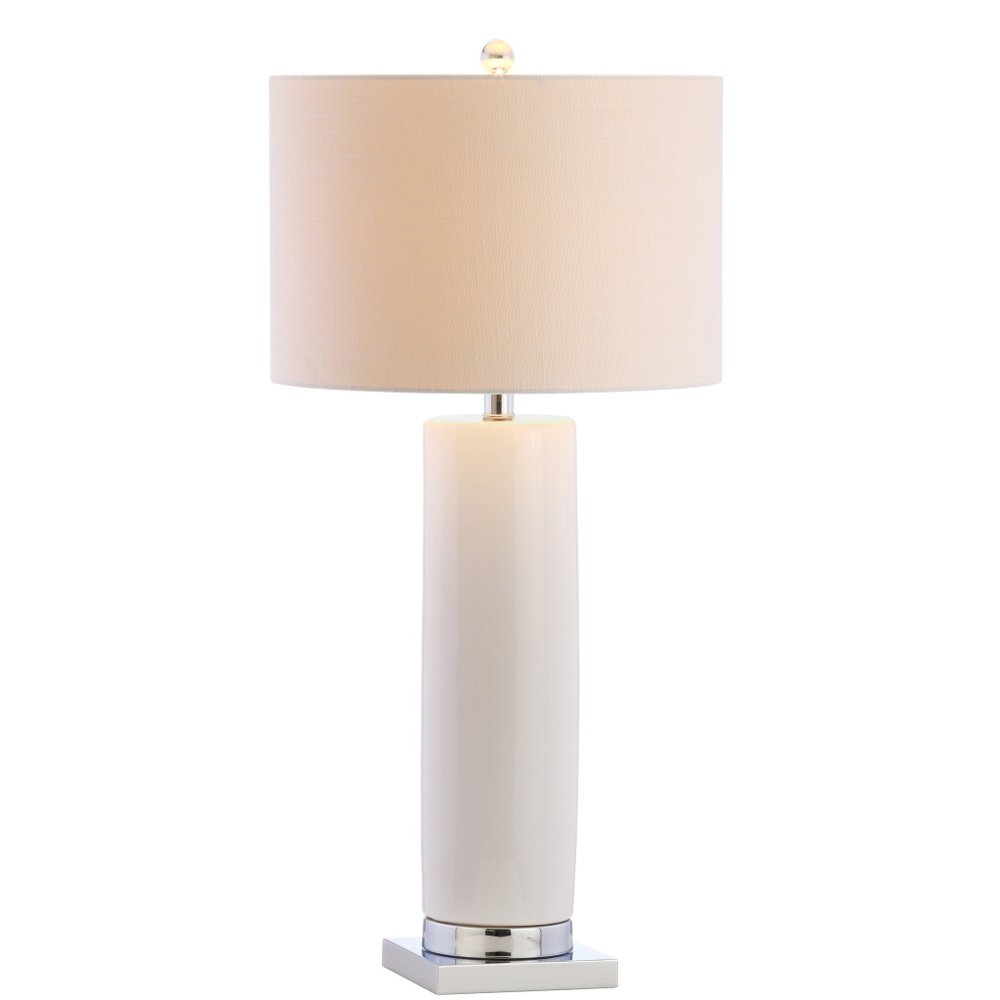 32" Silver Novelty Table Lamp With Drum Shade. Table lamp isolated on a plain white background, finished in silver.