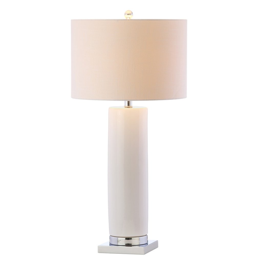 32" Silver Novelty Table Lamp With Drum Shade. Table lamp isolated on a plain white background, showing its silver color.