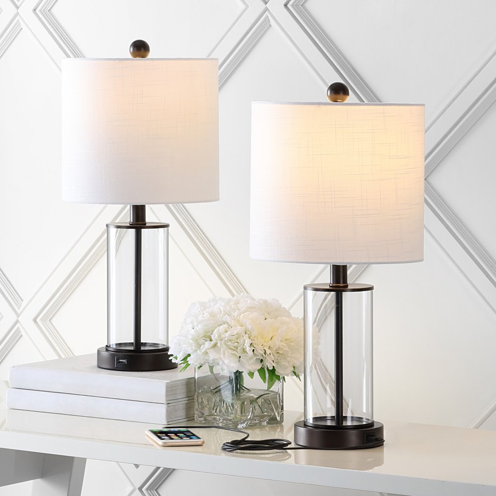 Set of Two 21" Antiqued Bronze USB Table Lamps With Drum Shades