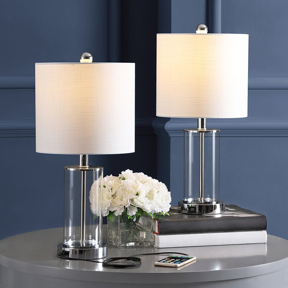Set of Two 21" Silver USB Table Lamps With Drum Shades