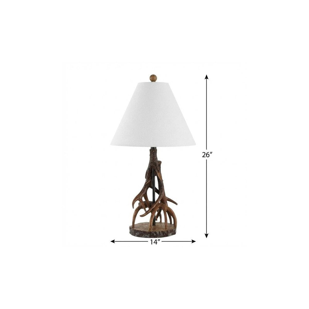 26" Dark Brown Antlers Table Lamp With Empire Shade. Table lamp isolated on a plain white background, showing its dark brown color.