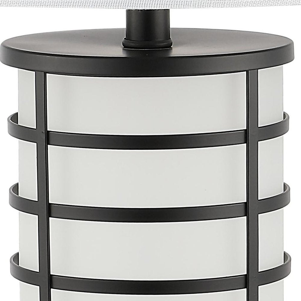27" Black USB Table Lamp With Drum Shade. Table lamp isolated on a plain white background, finished in black.