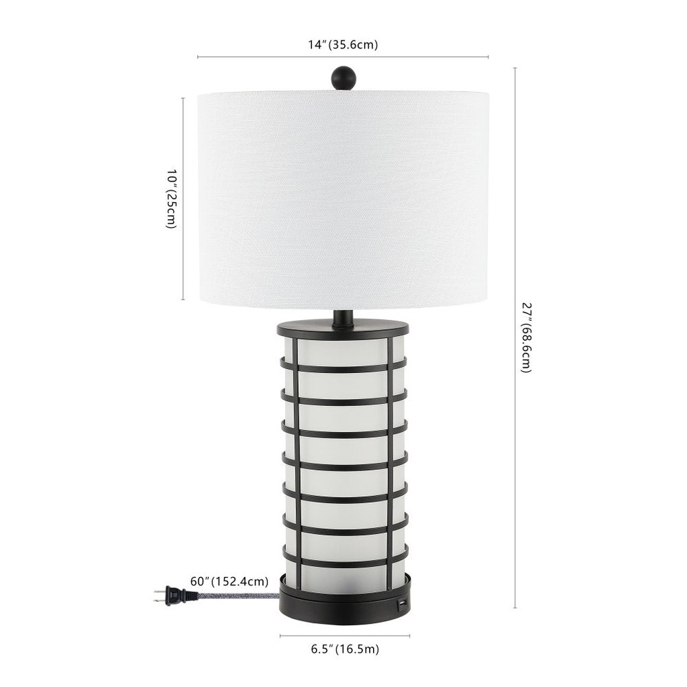 27" Black USB Table Lamp With Drum Shade. Table lamp isolated on a plain white background.