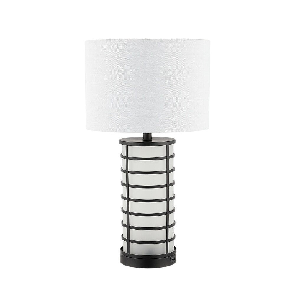 27" Black USB Table Lamp With Drum Shade. Table lamp isolated on a plain white background, showing its black color.