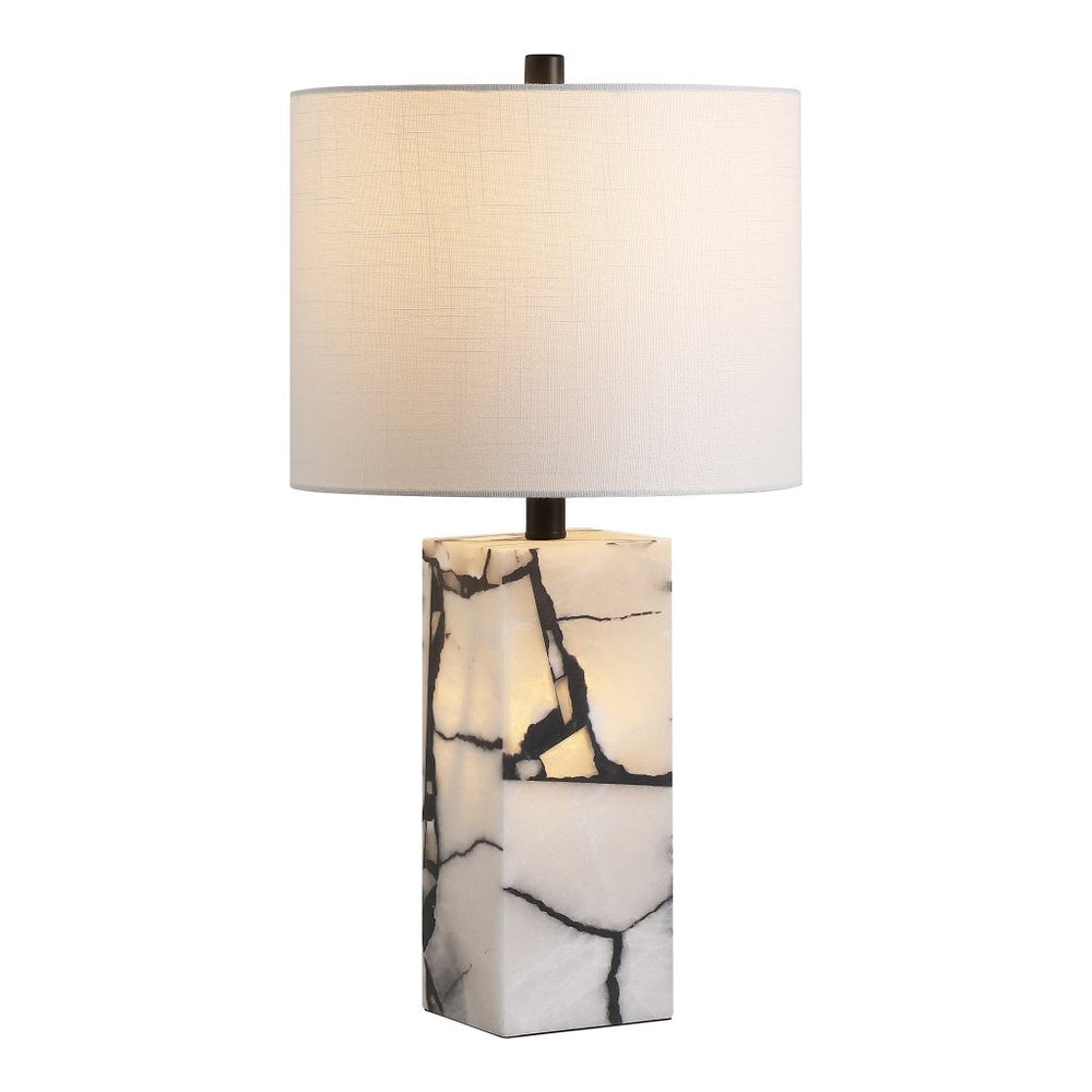 24" Black And White Table Lamp With Drum Shade. Table lamp isolated on a plain white background, finished in white.