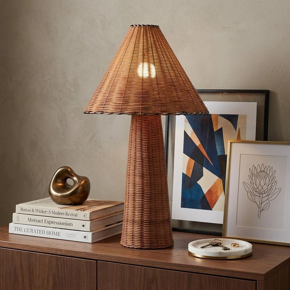 27" Clear Lantern Table Lamp With Empire Shade displayed on a dark wood tabletop in a furnished interior against a tan wall.