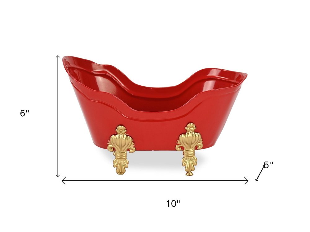 6" Red Metal Christmas Santa Hand Painted Decorative Tub