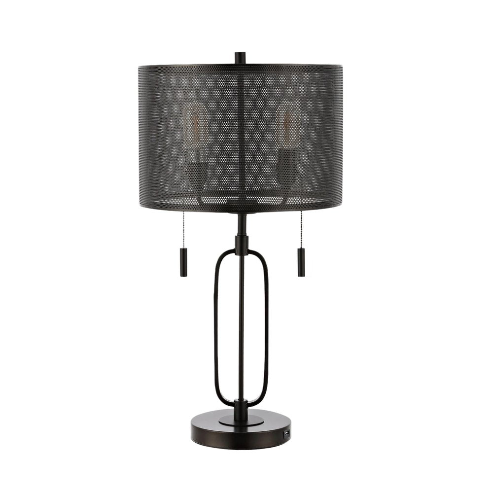 27" Antiqued Bronze Novelty Table Lamp With Drum Shade. Table lamp isolated on a plain white background.