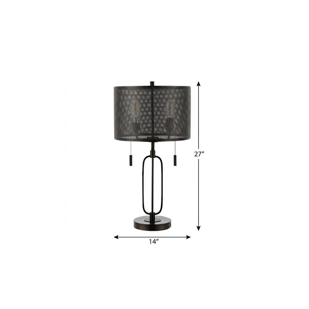 27" Antiqued Bronze Novelty Table Lamp With Drum Shade. Table lamp isolated on a plain white background.