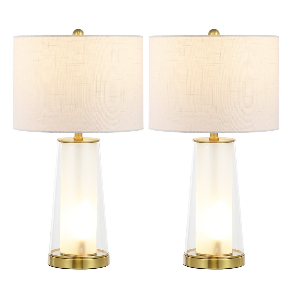 Set of Two 26" Gold Lighthouse Table Lamps With Drum Shades on a white background