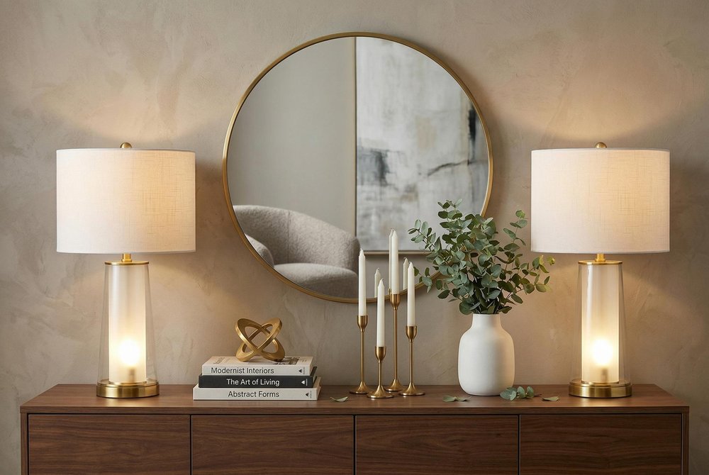 Set of Two 26" Gold Lighthouse Table Lamps With Drum Shades in a home interior