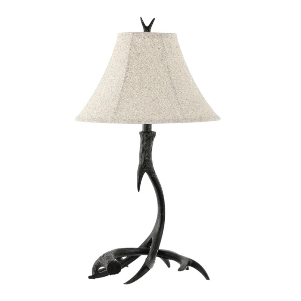 28" Black Antlers Table Lamp With Bell Shade. Table lamp isolated on a plain white background, in a black finish.