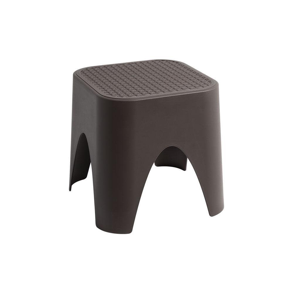 15" Plastic Outdoor Footstool Ottoman. Outdoor ottoman isolated on a plain white background, showing a plastic surface.