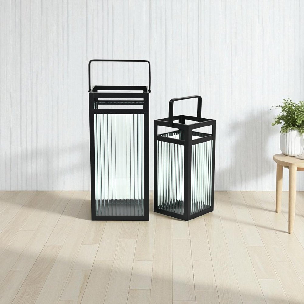 Set of Two Black Metal Floor Lantern Candle Holders