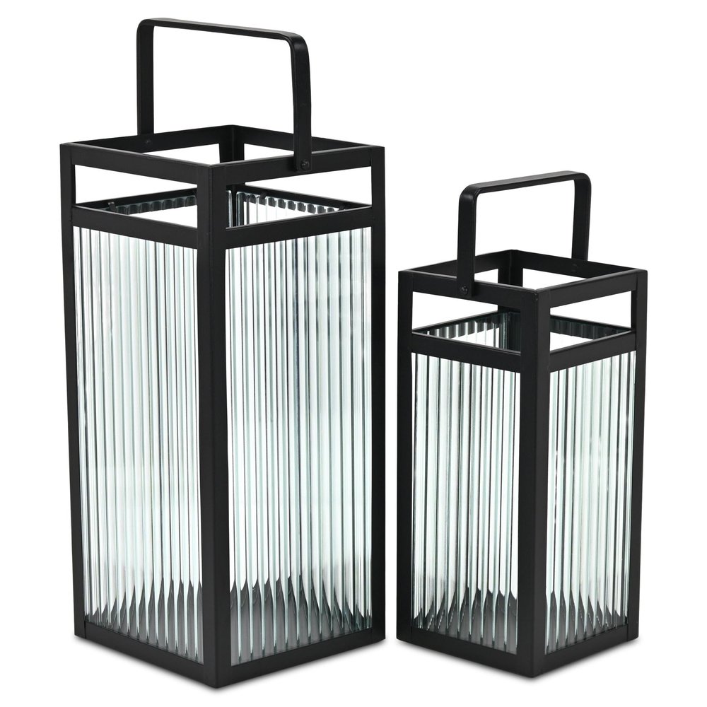 Set of Two Black Metal Floor Lantern Candle Holders