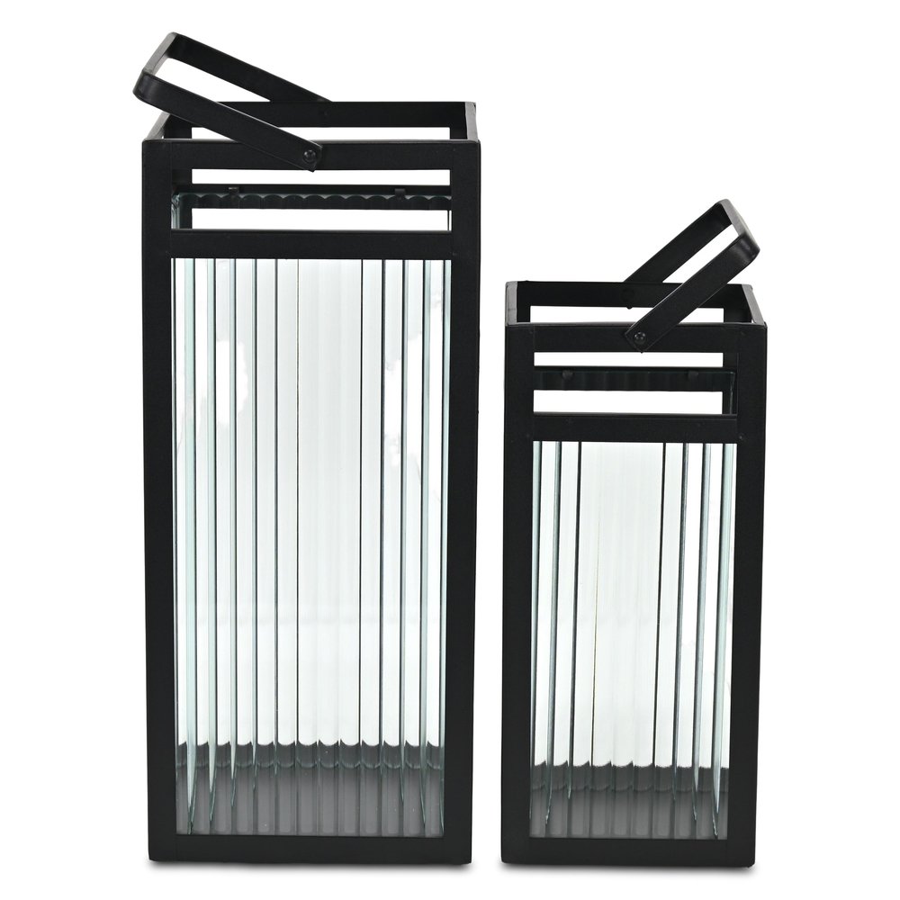 Set of Two Black Metal Floor Lantern Candle Holders