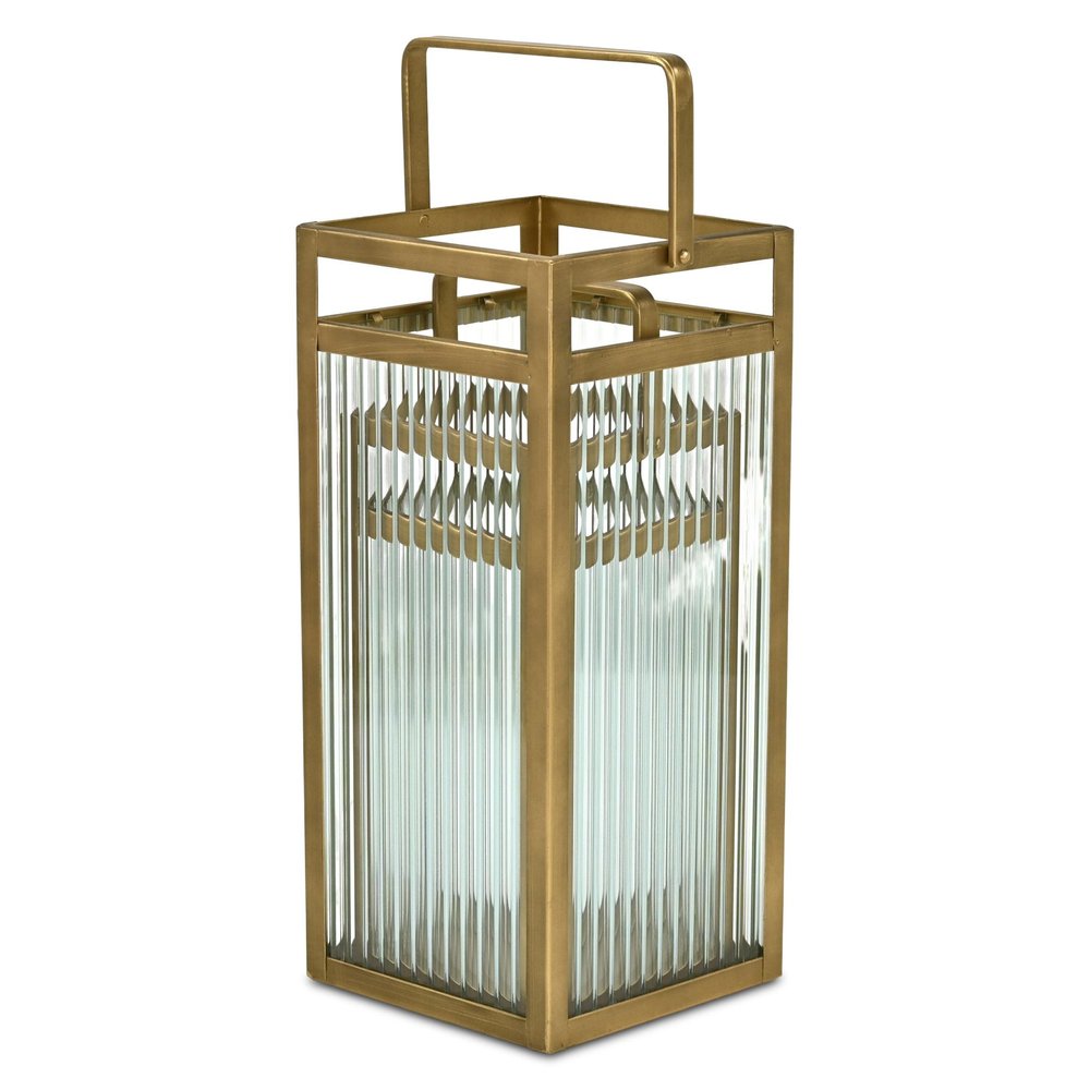 Set of Two Gold Metal Floor Lantern Candle Holders
