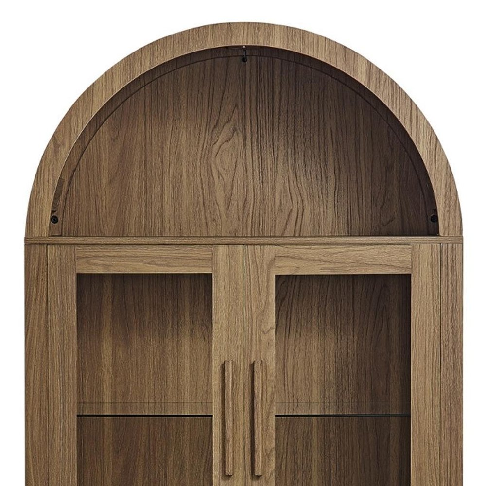 67" Brown Wood Oval Accent Cabinet With Two Doors. Cabinet isolated on a plain white background, in a brown wood finish.