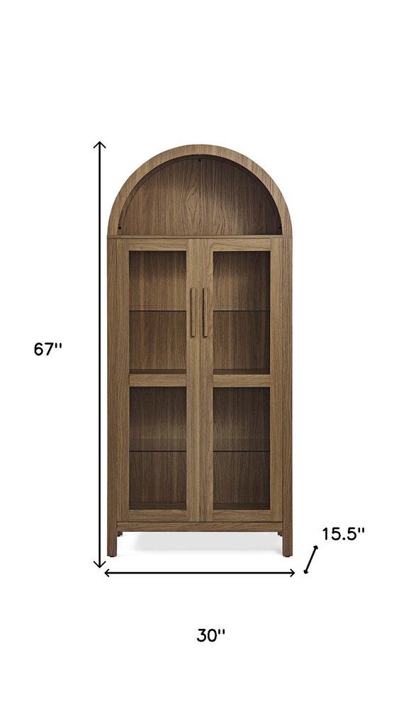 67" Brown Wood Oval Accent Cabinet With Two Doors. Cabinet isolated on a plain white background, finished in brown wood.