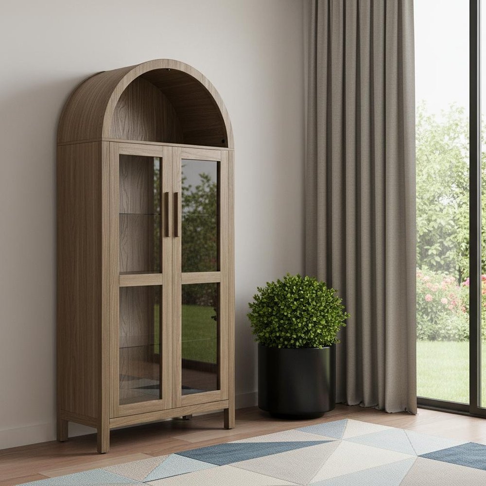 67" Brown Wood Oval Accent Cabinet With Two Doors