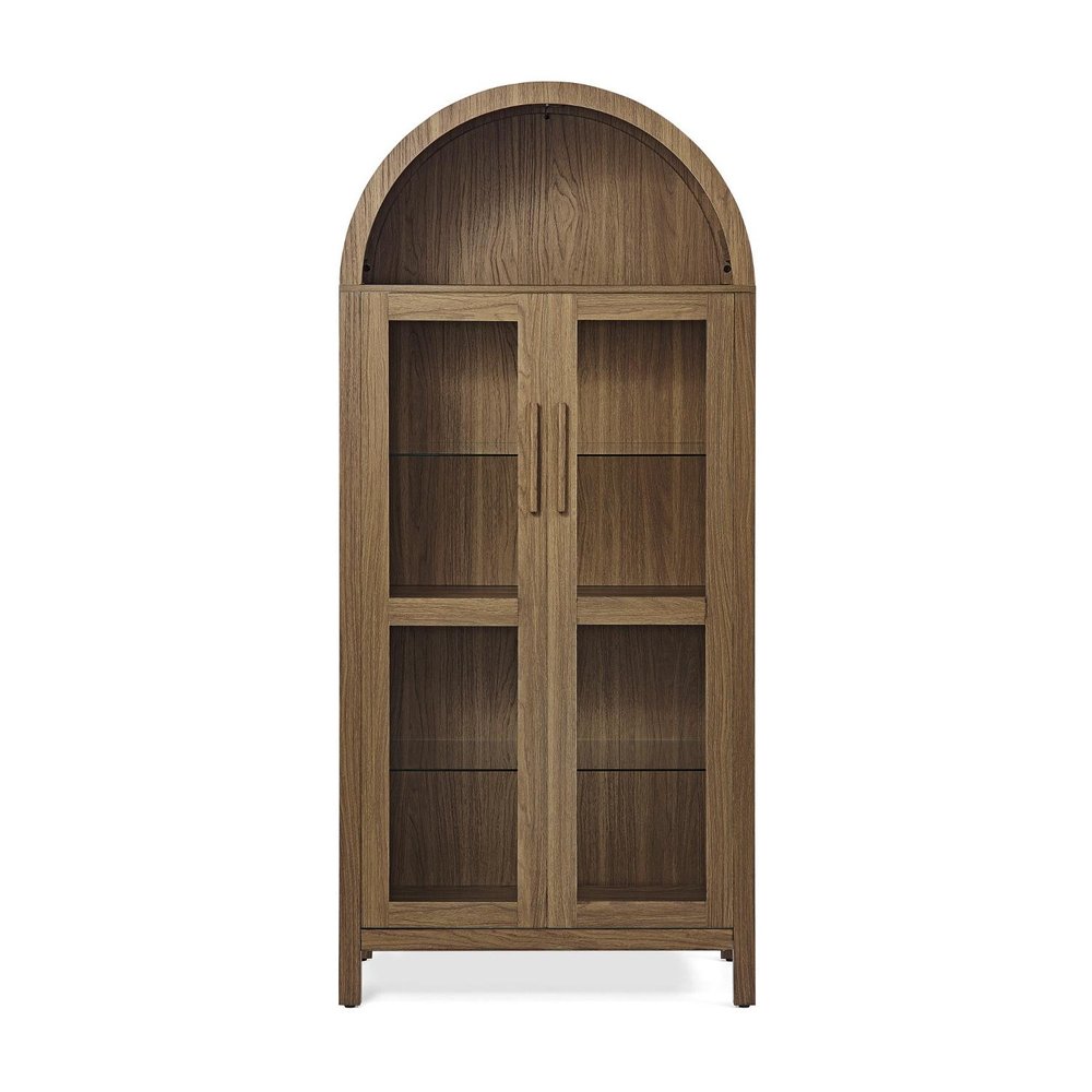 67" Brown Wood Oval Accent Cabinet With Two Doors. Cabinet isolated on a plain white background, in a brown wood finish.