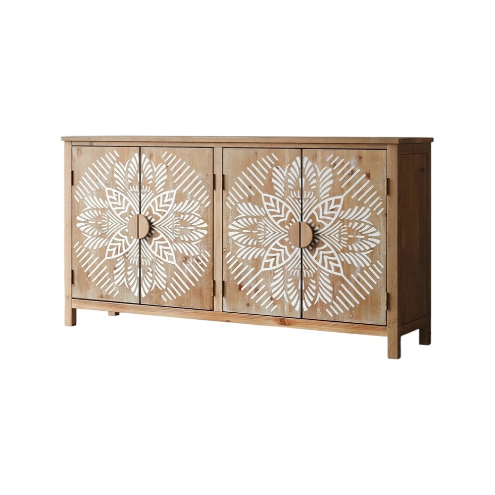 60" Brown and White Wood Carved Floral Accent Cabinet With Four Doors