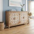 60" Brown and White Wood Carved Floral Accent Cabinet With Four Doors