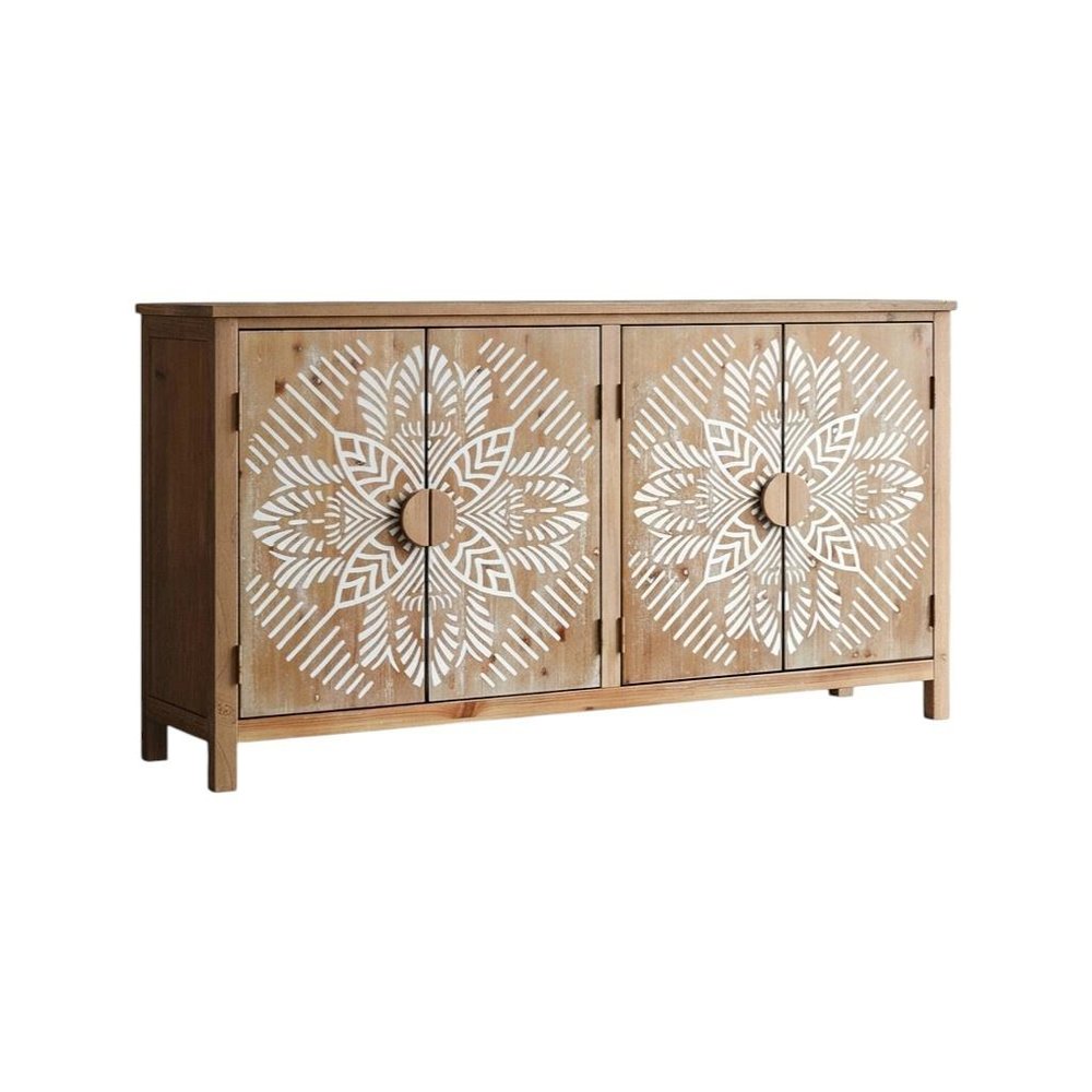 60" Brown and White Wood Carved Floral Accent Cabinet With Four Doors. Cabinet isolated on a plain white background, in a white wood finish.