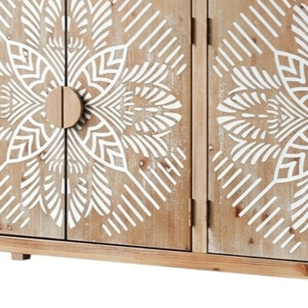 60" Brown and White Wood Carved Floral Accent Cabinet With Four Doors