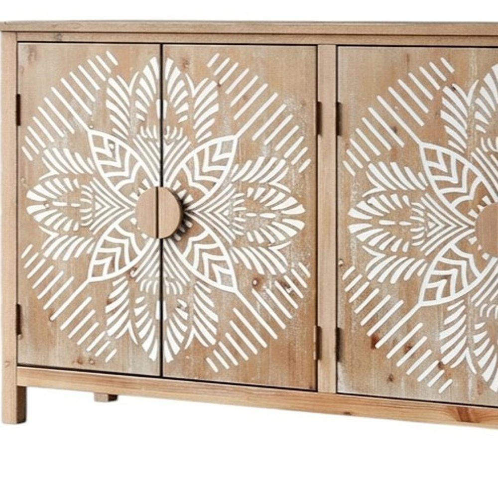 60" Brown and White Wood Carved Floral Accent Cabinet With Four Doors. Cabinet in white wood.