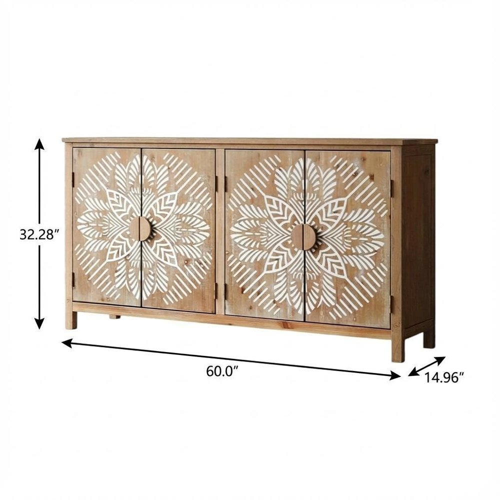 60" Brown and White Wood Carved Floral Accent Cabinet With Four Doors