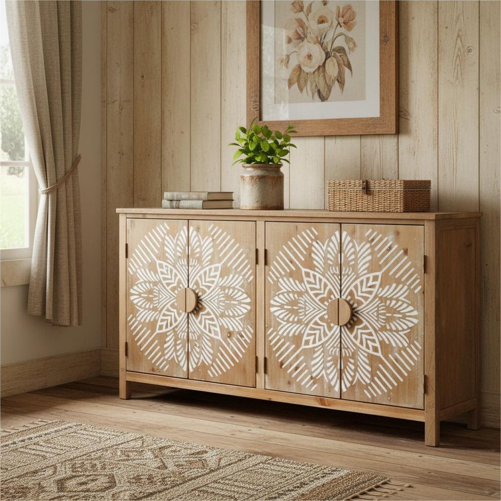 60" Brown and White Wood Carved Floral Accent Cabinet With Four Doors. Cabinet in brown wood.
