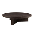 60" Espresso Wood Round Pedestal Coffee Table. Coffee table isolated on a plain white background, finished in charcoal wood.