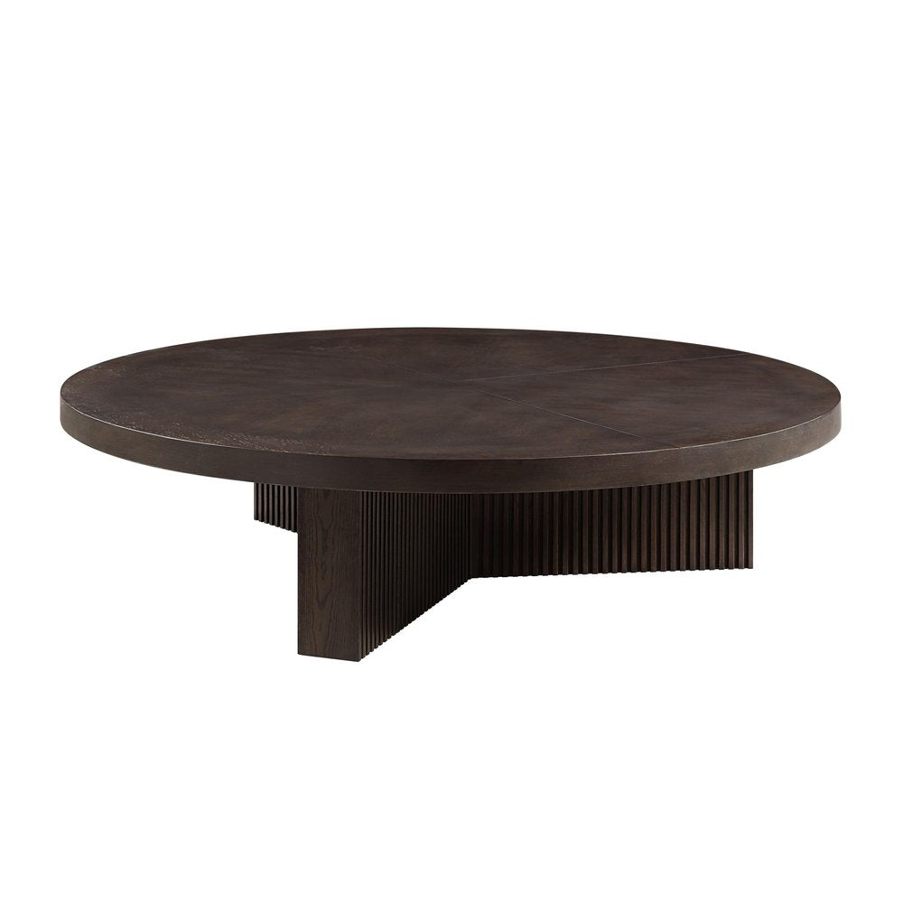 Dark espresso wood round coffee table with a fluted pedestal base on a white background.