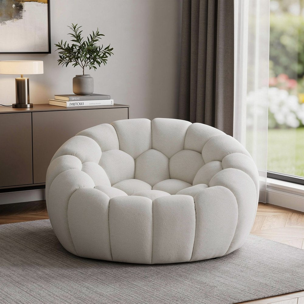 49" White Tufted Boucle Curved Lounge Chair.