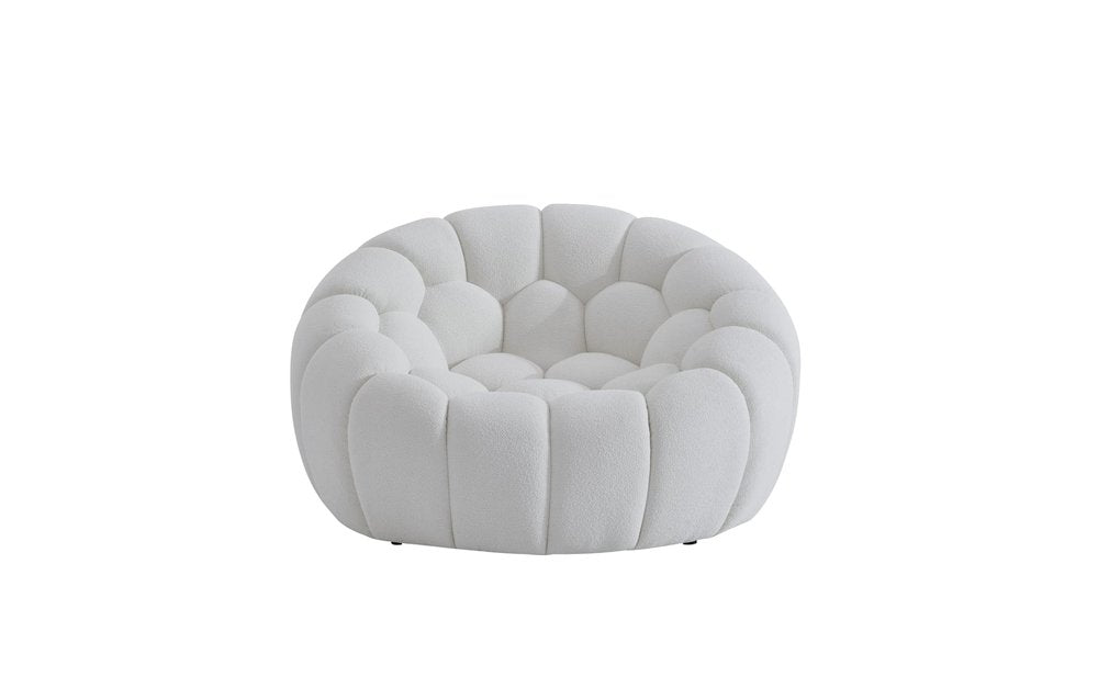 49" White Tufted Boucle Curved Lounge Chair. Accent chair isolated on a plain white background, in a white finish.