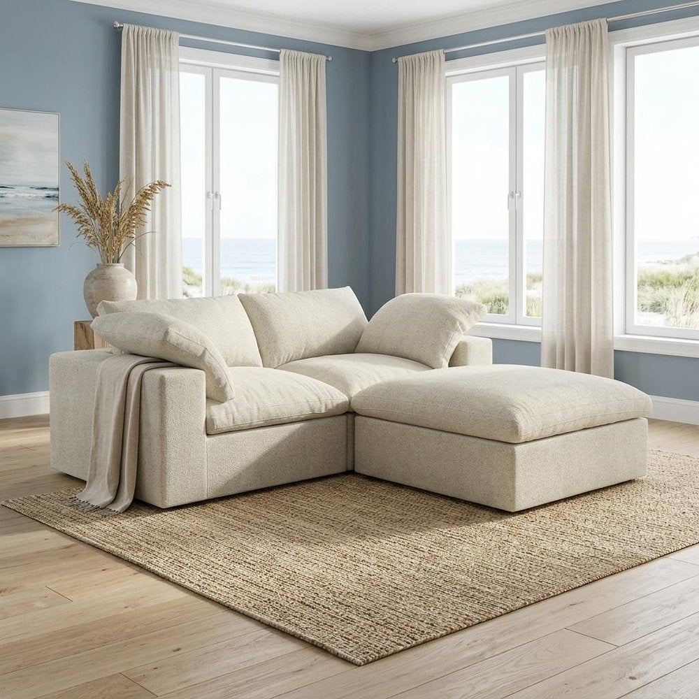 80" White Linen Blend Modular Loveseat With Storage Ottoman