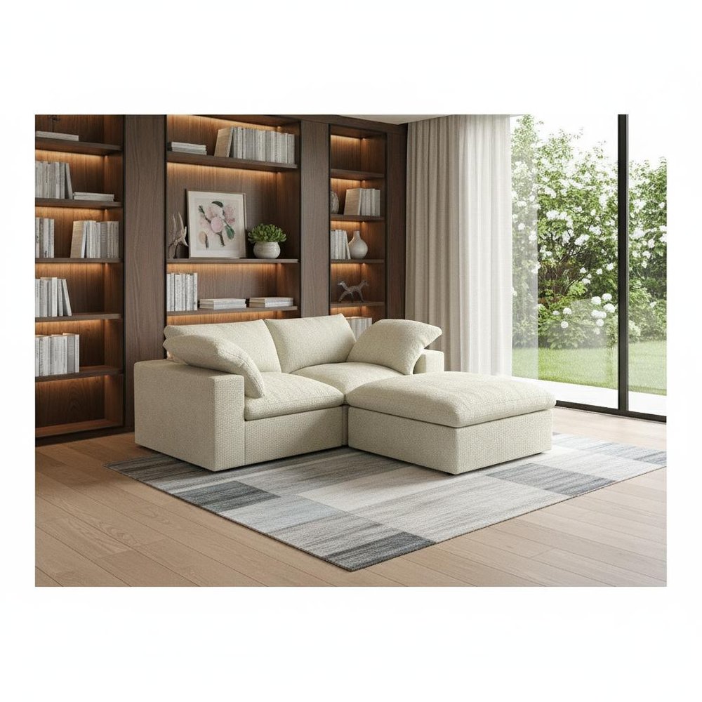 80" White Linen Blend Modular Loveseat With Storage Ottoman
