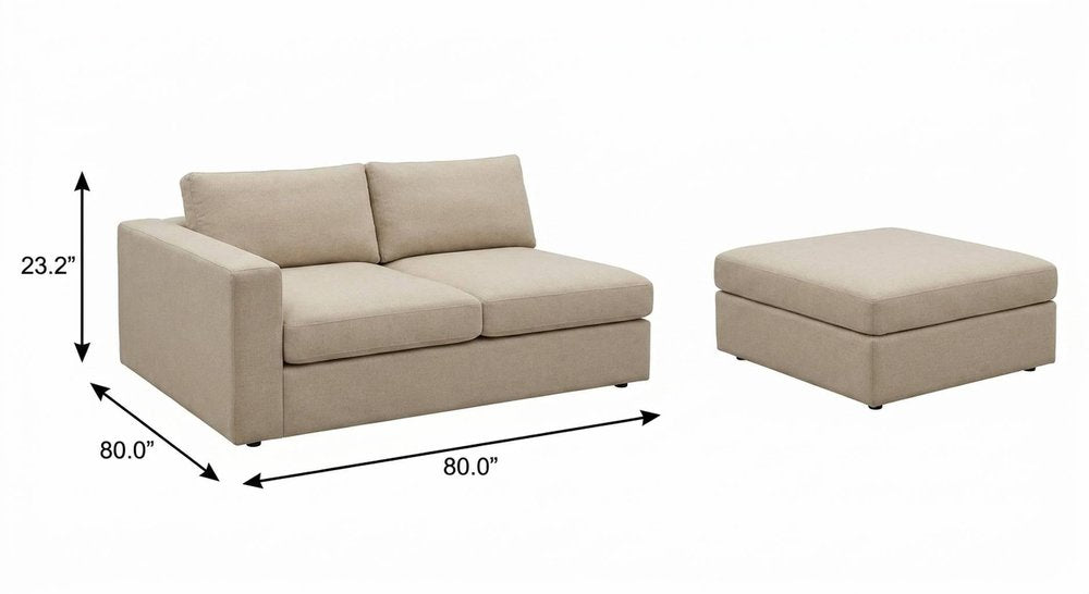 80" White Linen Blend Modular Loveseat With Storage Ottoman