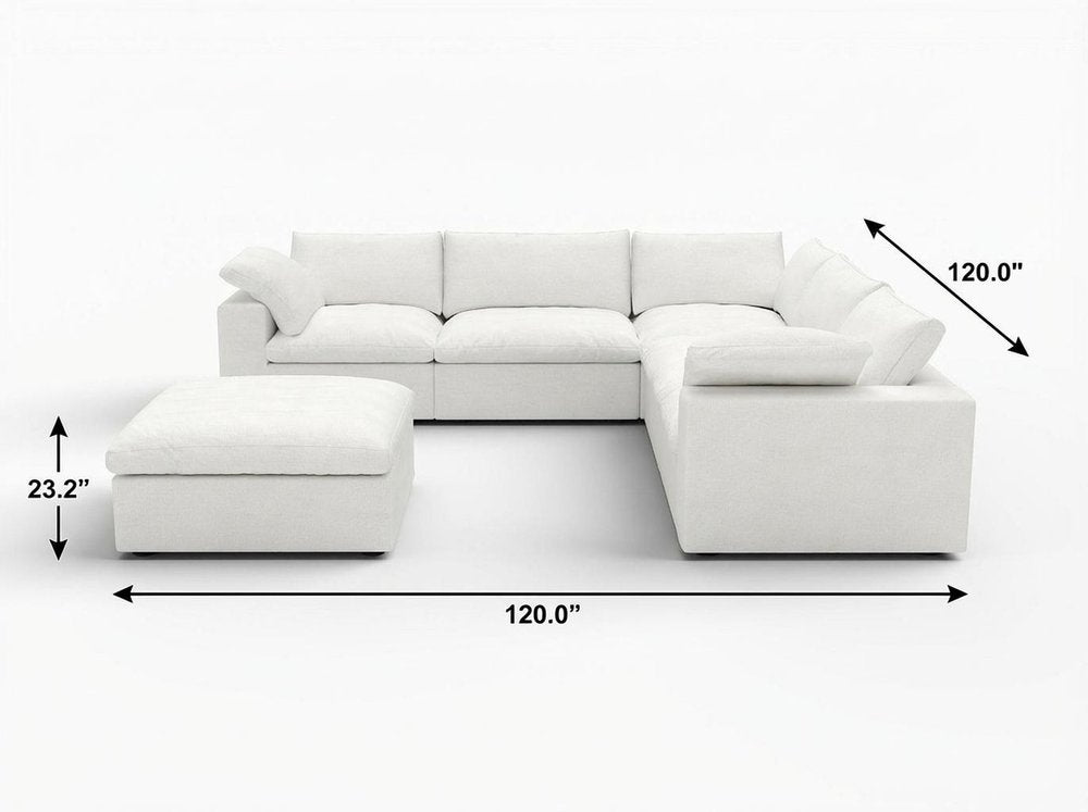 White Linen Blend Modular L Shaped Six Piece Corner Sectional With Ottoman