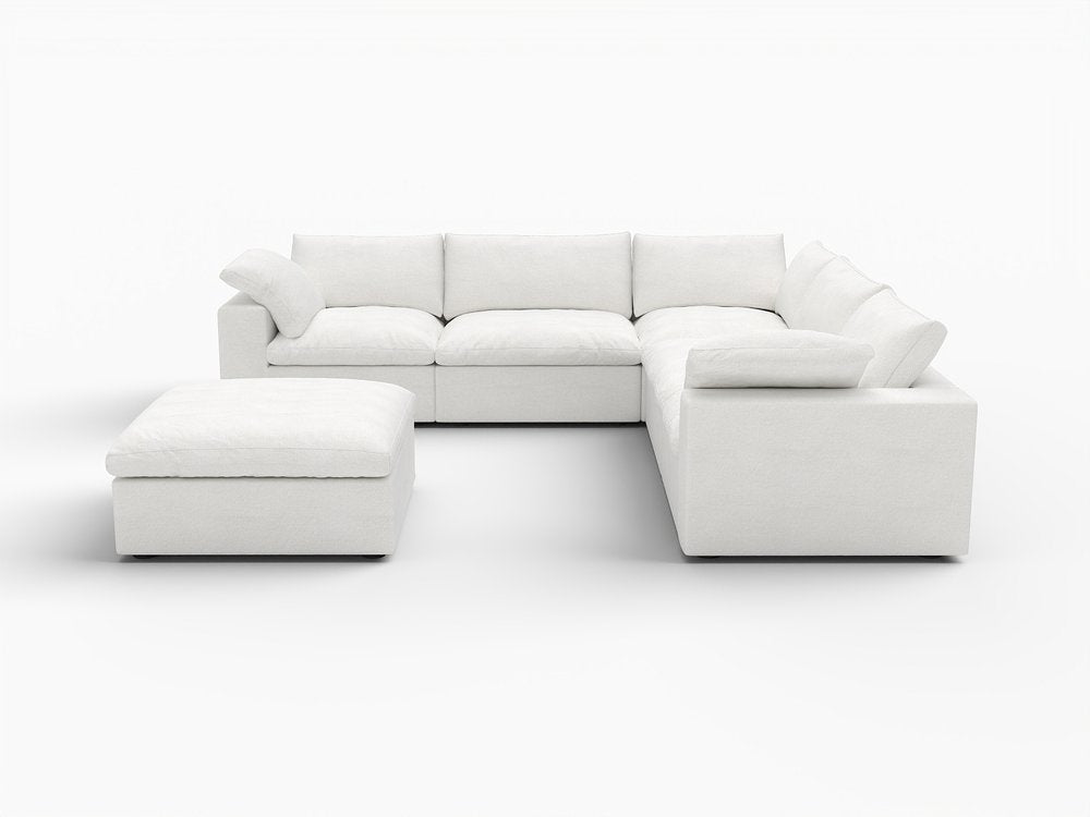 White Linen Blend Modular L Shaped Six Piece Corner Sectional With Ottoman