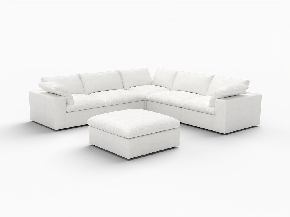 White Linen Blend Modular L Shaped Six Piece Corner Sectional With Ottoman