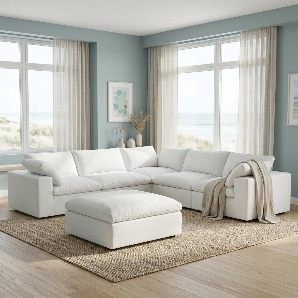 White Linen Blend Modular L Shaped Six Piece Corner Sectional With Ottoman on a white background