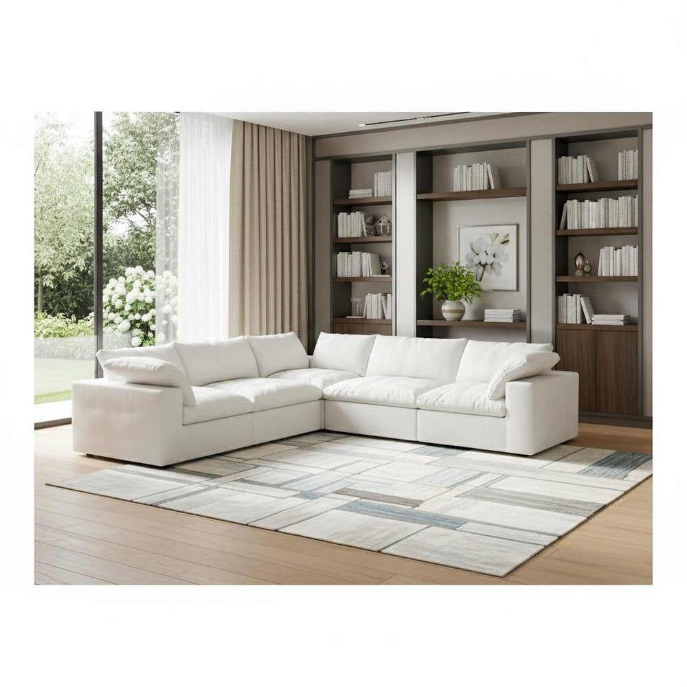 White Linen Blend Modular L Shaped Five Piece Corner Sectional